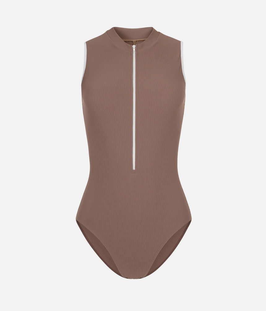 High Neck Ballet Leotard with Open Back, Luxury Balletwear - AURA MOCHA