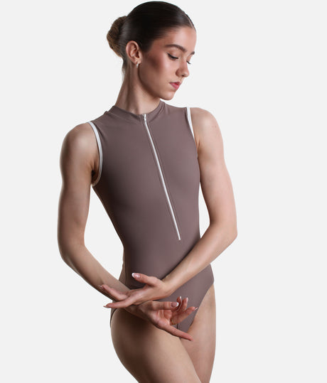 High Neck Ballet Leotard with Open Back, Luxury Balletwear - AURA MOCHA