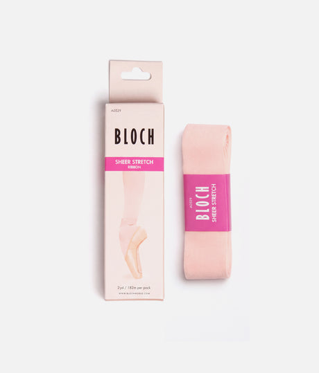BLOCH A0529 Sheer Stretch Ribbon packaging beside folded sheer pink pointe shoe ribbon.