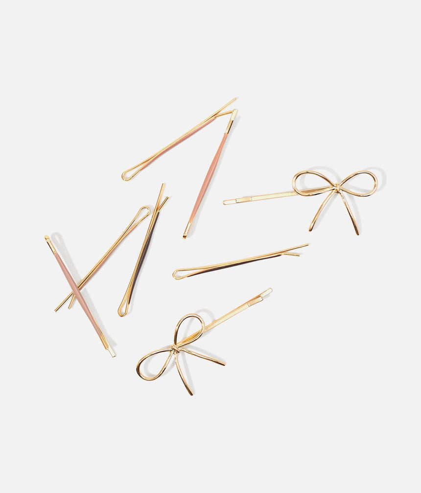 Metal Enamel Puffy Bow Bobby Pins • 8-Piece Hair Pin Set in Rosewood