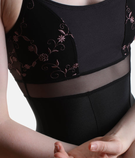 BRIGID CL Nero • Timeless Black Ballet Leotard with Embroidered Tulle