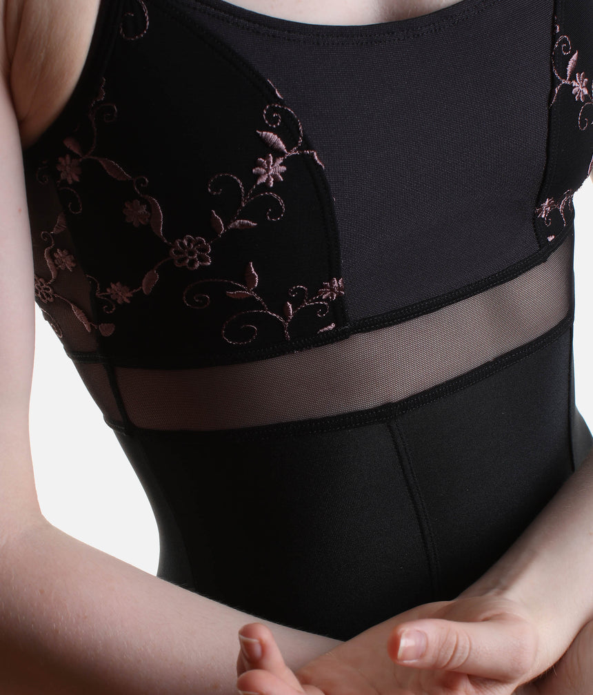 BRIGID CL Nero • Timeless Black Ballet Leotard with Embroidered Tulle