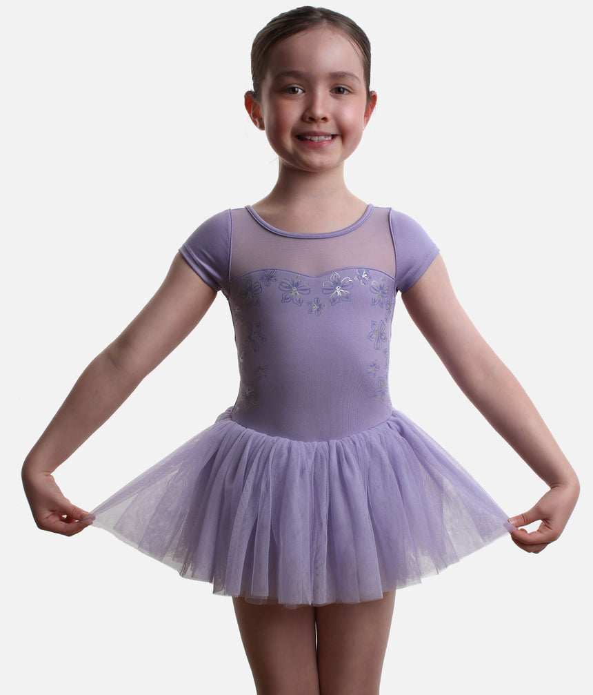 Girls Sharon Cap Sleeve Tutu Dress, Mesh Panel & Floral Print - CL20007