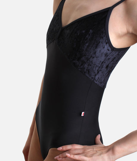 DARIA BLACK Ballet Leotard with Velvet Panel, Double V Neck
