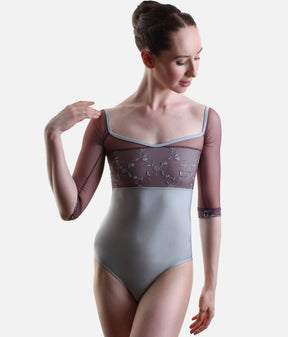 MANIA CL Silver • Embroidered Ballet Leotard with Sheer Long Sleeves