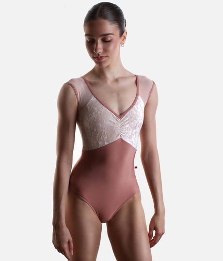 ELLI Ballet Leotard for Women, Pinch Front & Deep V Back - MESH ROSEWOOD