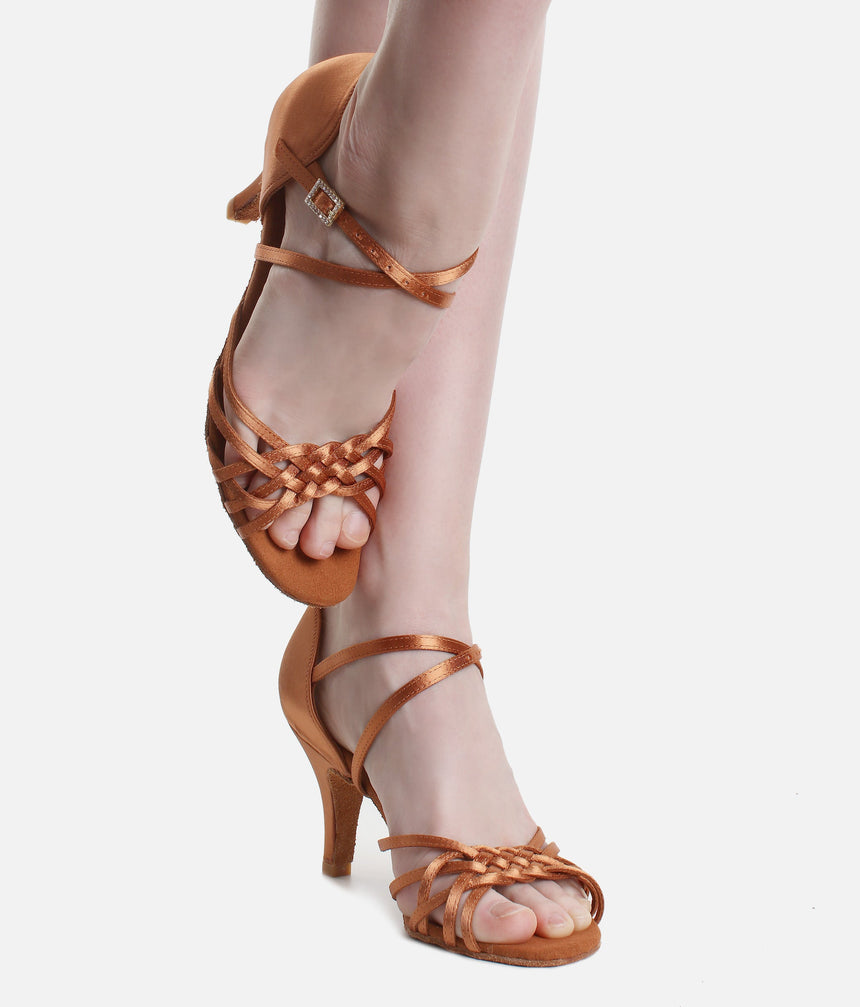 Open-Toe Latin Shoes with Diamante Buckle, Satin Finish & Suede Sole - FLAVIA