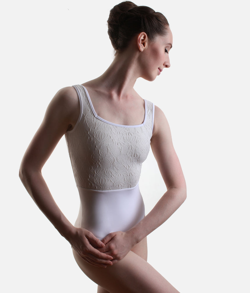 Premium Ballet Leotard with Textured Floral Brocade Detail - FLORA PEARL WHITE