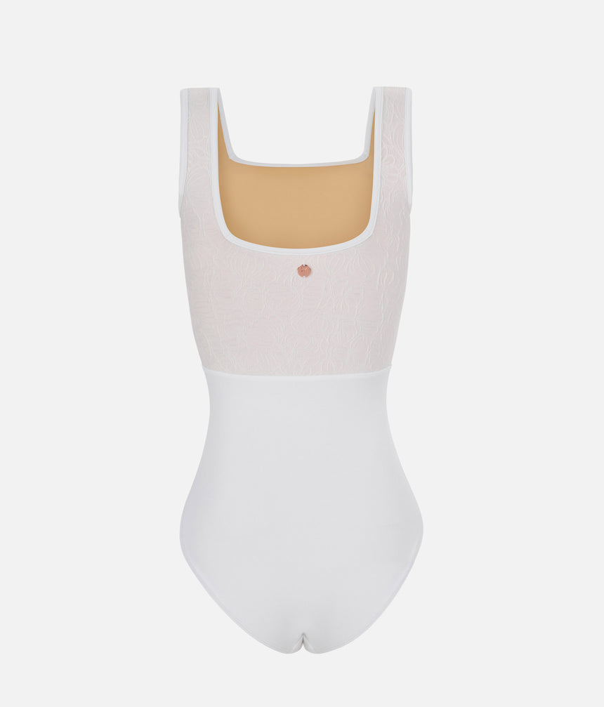 Premium Ballet Leotard with Textured Floral Brocade Detail - FLORA PEARL WHITE