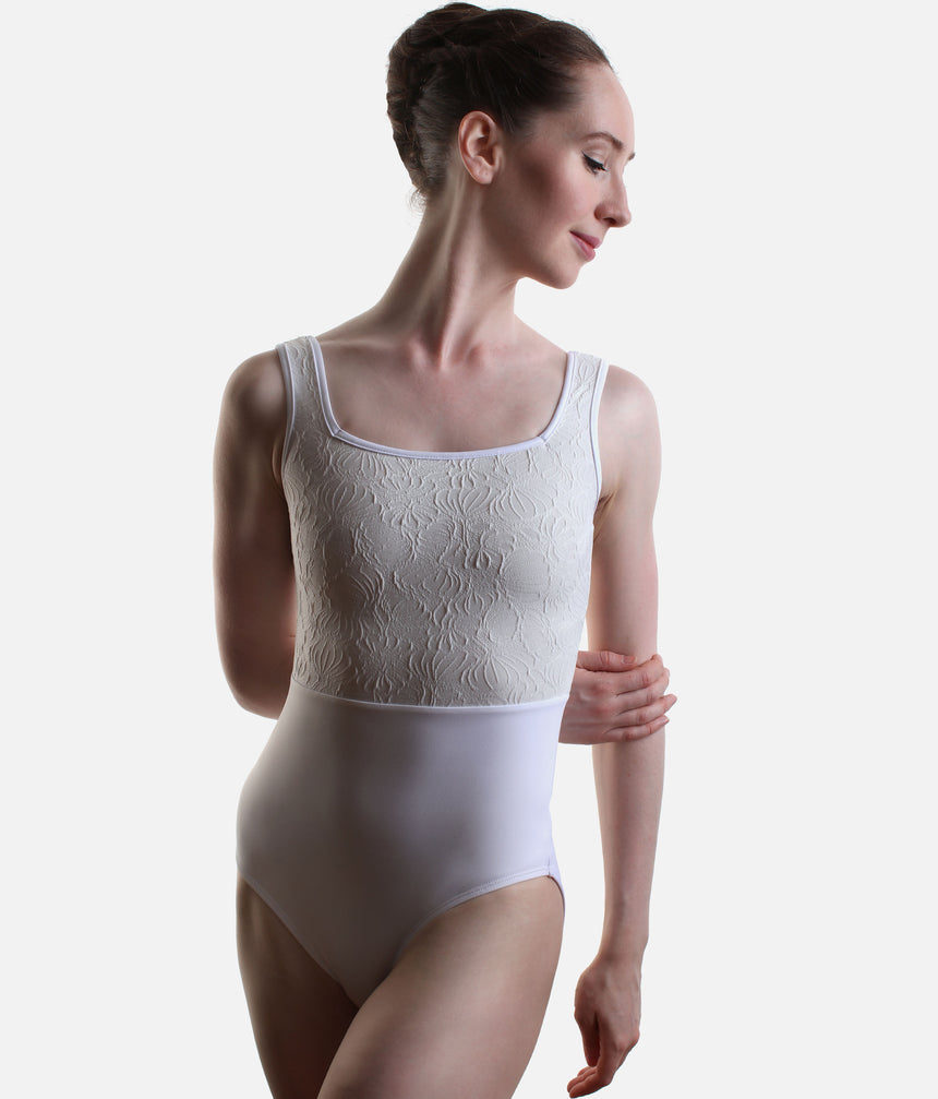 Premium Ballet Leotard with Textured Floral Brocade Detail - FLORA PEARL WHITE