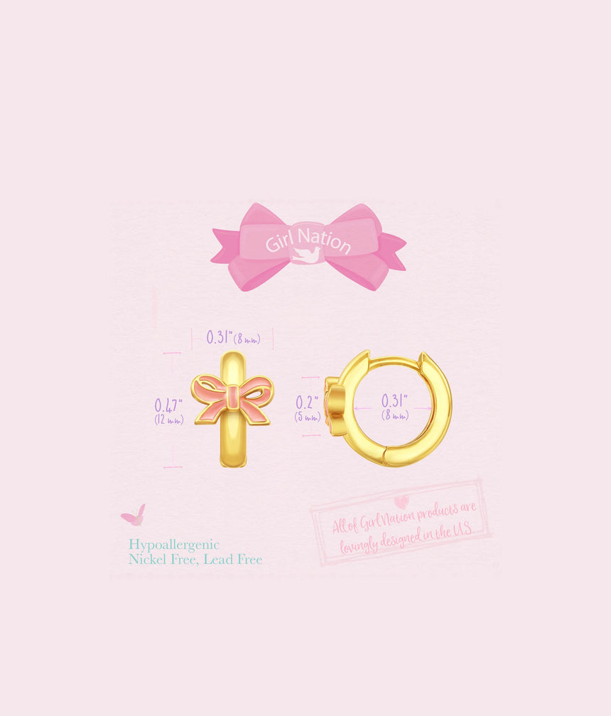 18K Gold Plated Girls Huggie Earrings – Sweet & Sparkly Pink Bow Earlets