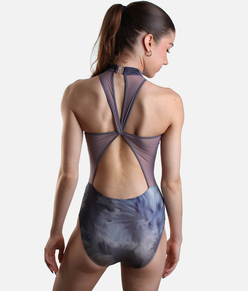 VOLINA High Neck Leotard, Elegant Floral Print with Mesh Back - DA5127