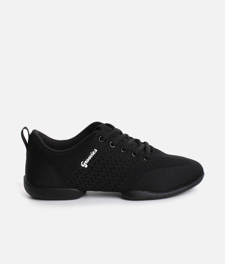 Vegan Performance Dance Sneaker with Spinning Points, Black Knit - GROOVIES TRAINER