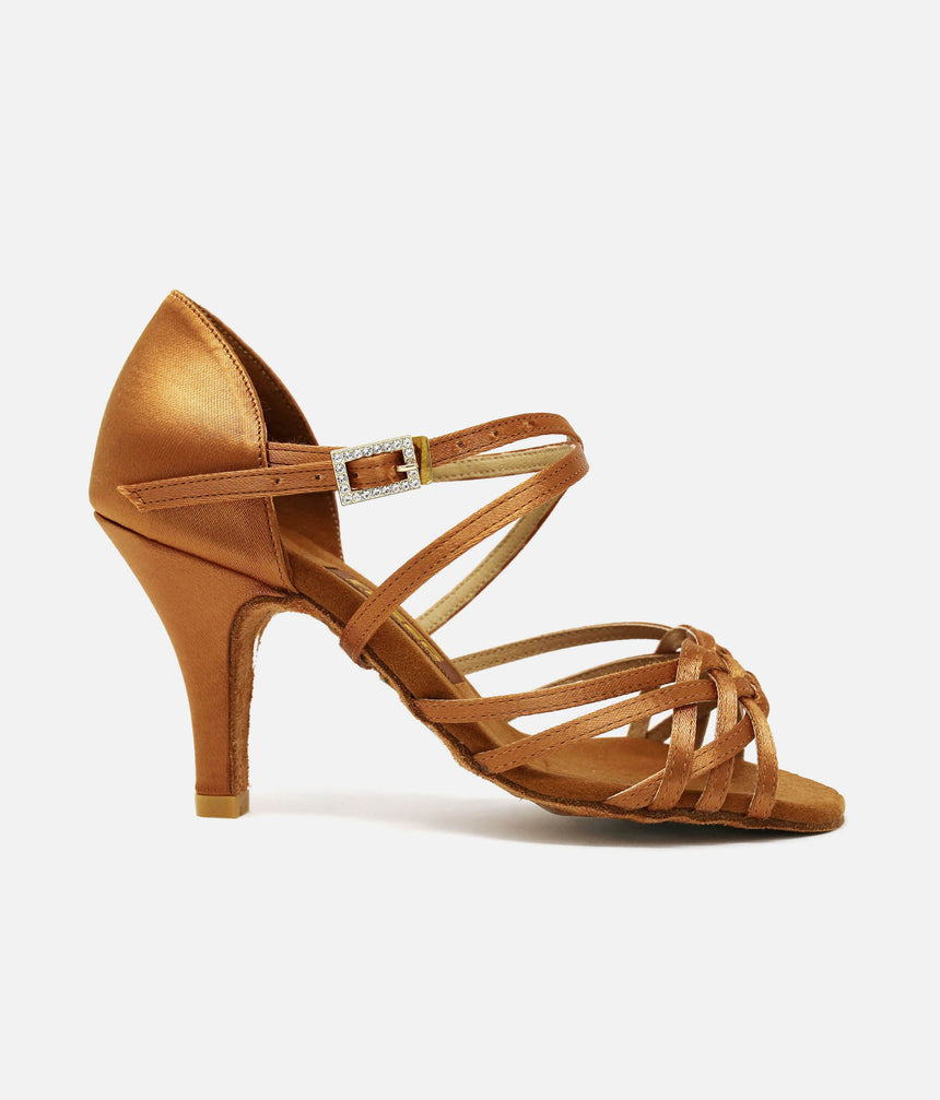 X-Strap Latin Sandals, Dark Tan Satin - Flavia