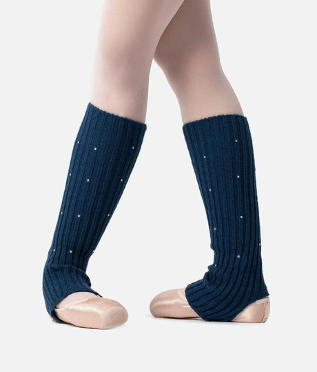 Intermezzo Prebril 2012 Blue ribbed stirrup legwarmers with scattered rhinestones, worn with pink pointe shoes.