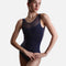 Intermezzo Isaura 31750 navy tank ballet leotard with crossed tulle draping and a round sheer neckline, shown from the front.