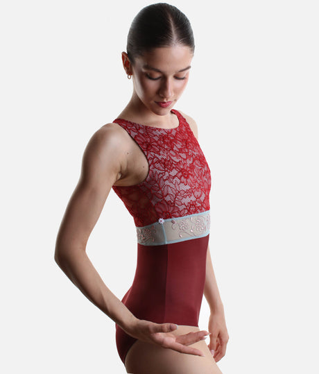 IRIS GL Bordeaux • Lace Overlay Ballet Leotard with Teardrop Back