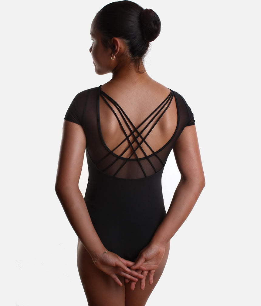 Girls Short Sleeve Printed Leotard with Triple Cross Back Detail - M20008C