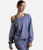Mirella Adagio M30019L sweatshirt in Dusty Grey, worn off one shoulder with long sleeves and matching wide leg sweatpants.