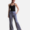 Mirella Adagio wide leg sweatpants in Dusty Grey, a muted blue-grey, shown from the front with a black leotard.