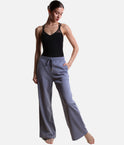 Mirella Adagio wide leg sweatpants in Dusty Grey, a muted blue-grey, shown from the front with a black leotard.