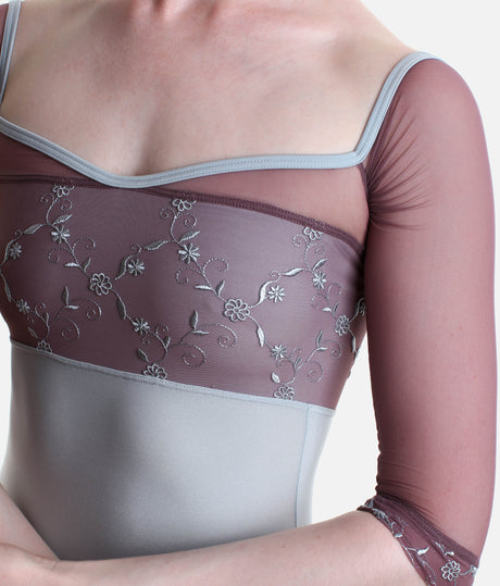 MANIA CL Silver • Embroidered Ballet Leotard with Sheer Long Sleeves