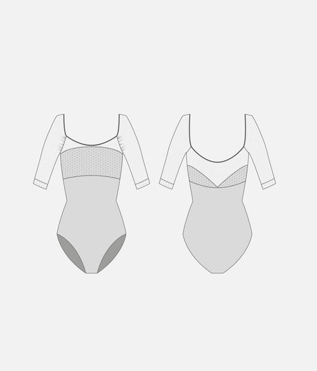 MANIA CL Silver • Embroidered Ballet Leotard with Sheer Long Sleeves