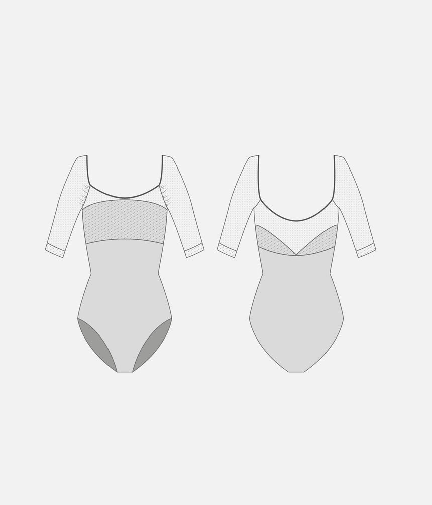 MANIA CL Silver • Embroidered Ballet Leotard with Sheer Long Sleeves