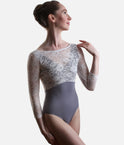 PENELOPE BLUE Lace Ballet Leotard, 3/4 Sleeve Open Back Dancewear