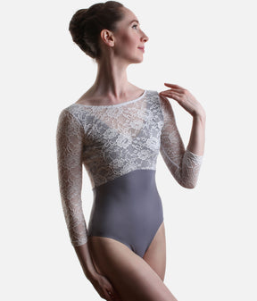 PENELOPE BLUE Lace Ballet Leotard, 3/4 Sleeve Open Back Dancewear