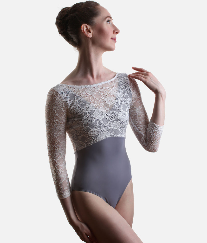 PENELOPE BLUE Lace Ballet Leotard, 3/4 Sleeve Open Back Dancewear