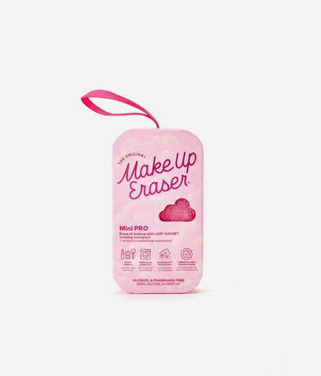 MakeUp Eraser Mini PRO in pink packaging with a bright pink ribbon loop and a cloud-shaped window showing the pink cloth.