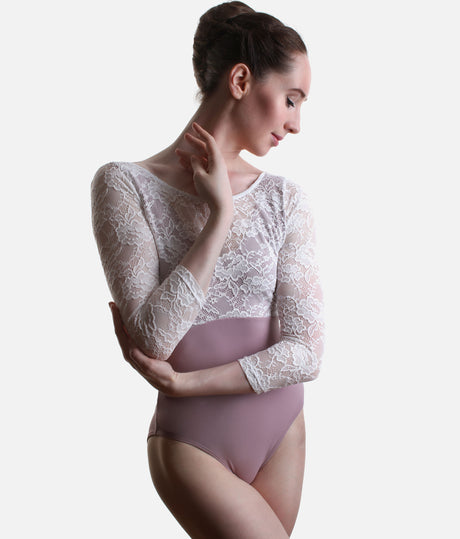 PENELOPE LILAC Ballet Leotard, Floral Lace & Elegant Open Back
