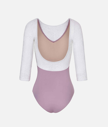 PENELOPE LILAC Ballet Leotard, Floral Lace & Elegant Open Back