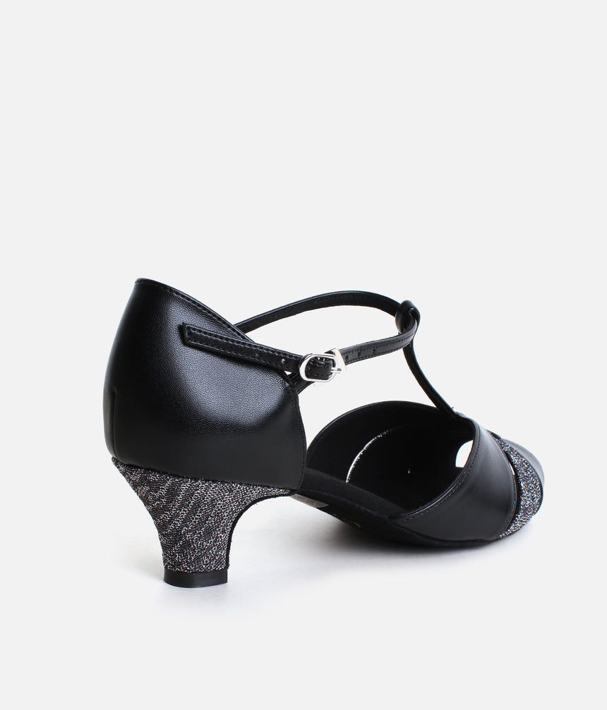 BlackSilver Glitter Ballroom Shoes, Supportive T-Bar with Comfort Fit - S4011
