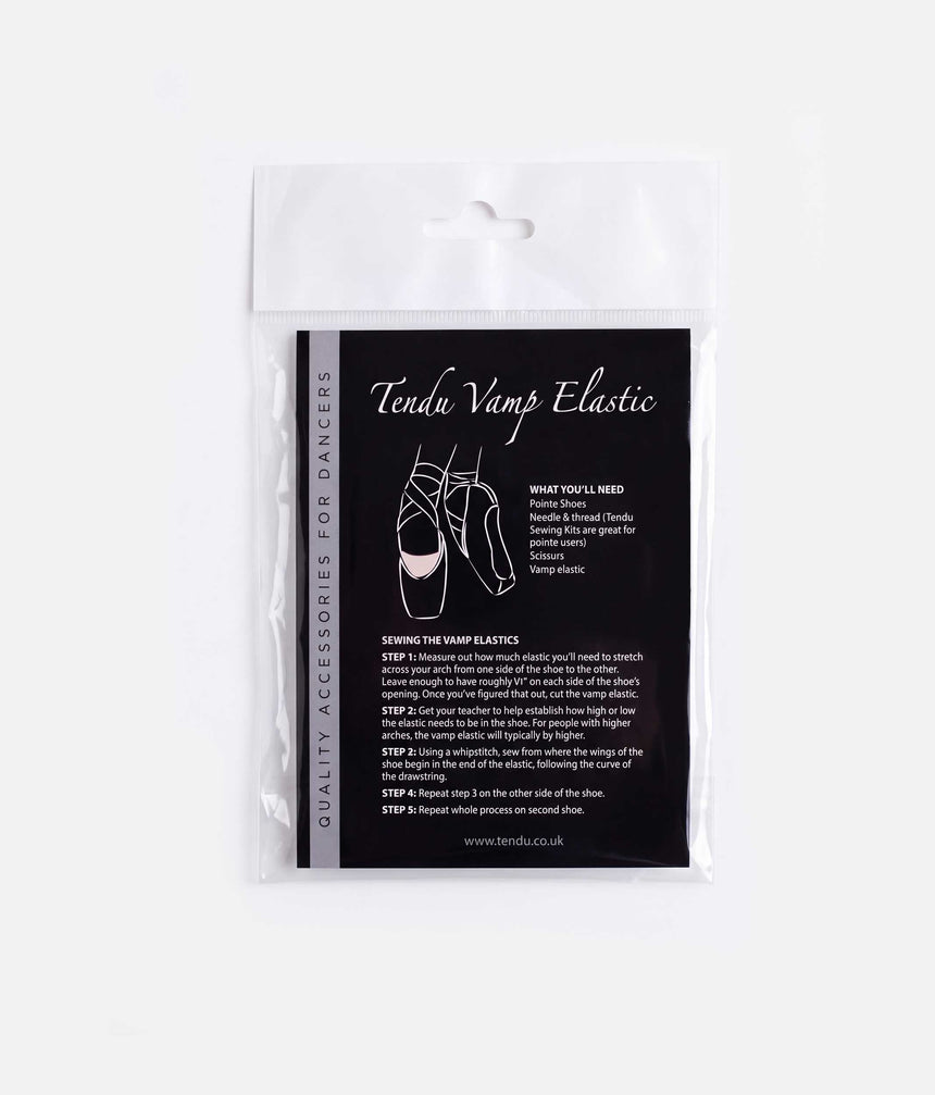 Tendu Vamp Elastic in clear packaging with a black instruction card, pointe shoe illustration and printed sewing guide.