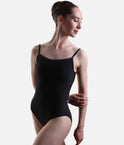 Front view of the YUMIKO Daniela Black camisole ballet leotard with a smooth scoop neckline and high-cut leg