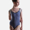 Front view of the YUMIKO Nina Arctic nylon leotard with a soft V-neckline, Whisper mesh cap sleeves and high-cut leg
