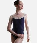 Front view of the YUMIKO Tamara Dark Blue ballet leotard with Ice crushed velvet trim and thin camisole straps