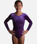 Girls Long Sleeve Gymnastics Leotard, Smooth Velour with Rhinestone Design - Z102