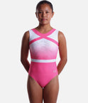 The Zone Melody Z818MEL girls’ pink and white sleeveless gymnastics leotard with bold neckline accents, ombré shading, chevron crystals and a white waist stripe.