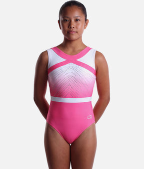 The Zone Melody Z818MEL girls’ pink and white sleeveless gymnastics leotard with bold neckline accents, ombré shading, chevron crystals and a white waist stripe.