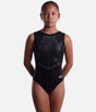 The Zone Evolution Z825EVO black sleeveless gymnastics leotard with radiating crystals, a shallow V motif at the waist and a glossy finish.