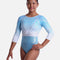 The Zone Revelation Z831REV girls’ blue and white ombré gymnastics leotard with ¾ sleeves, silver fan-shaped piping, crystals and a glossy lower body.